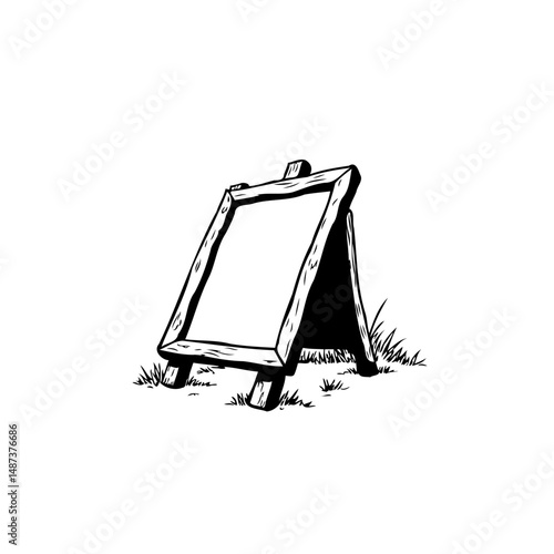 Rustic A-Frame Sign on Grassy Patch - Simple Black and White Illustration