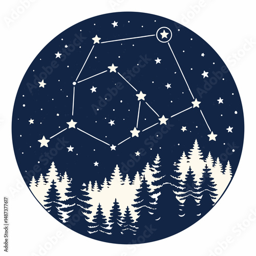 Create a bold, vector illustration of a night sky brimming with vividly colored constellations and stars, featuring thick, impactful outlines.