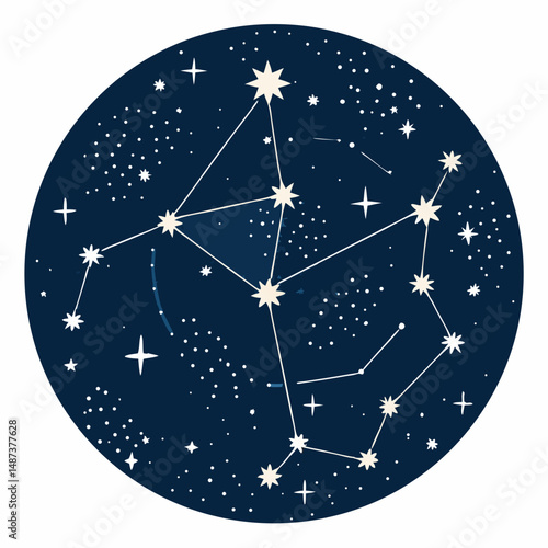 Create a bold, vector illustration of a night sky featuring prominent constellations, utilizing thick, dark strokes for a striking effect.