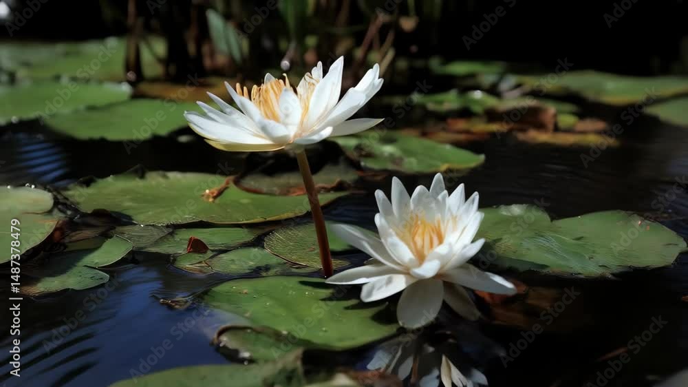 Water lilies with white petals and yellow stamens blooming on the surface of a pond in a peaceful natural setting. Water lilies with white petals and yellow stamens blooming on the surface of a pond in a peaceful natural setting.