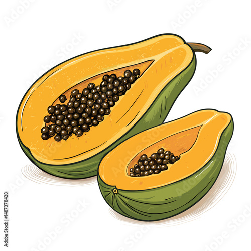 Create a bold, vector illustration of a papaya cut in half, showcasing vibrant yellow flesh and black seeds.  High detail, clean lines.