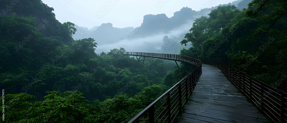 Fototapeta premium Misty Forest Path With Wooden Bridge