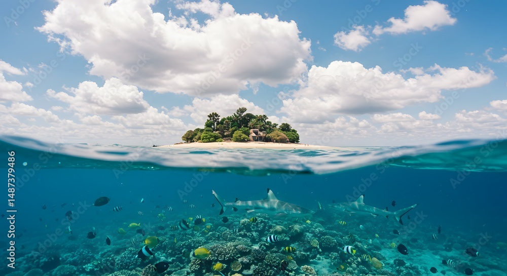 Fototapeta premium Tropical Island Paradise: Unveiling Underwater Wonders with Sharks and Vibrant Coral Reefs