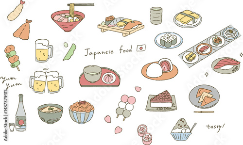 日本の代表的な食べ物と和菓子のイラストレーションセット