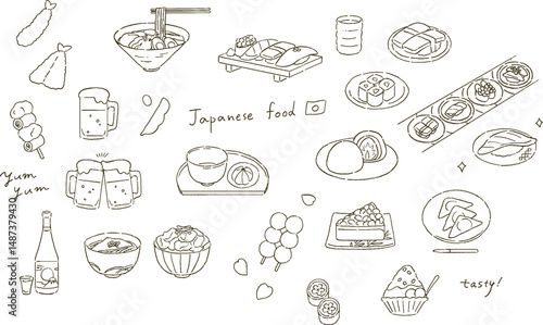 日本の代表的な食べ物と和菓子のイラストレーションセット