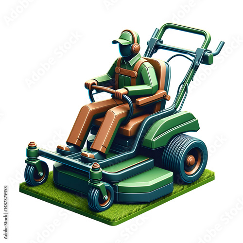 Zero-turn lawn mower lawn care logo 3D icon isolated on a white background