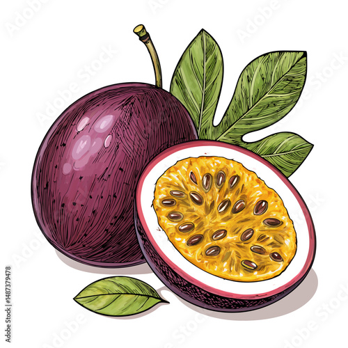Create a bold, vector illustration of a halved passion fruit, showcasing its vibrant pulp and seeds.  Focus on a thick, striking outline.