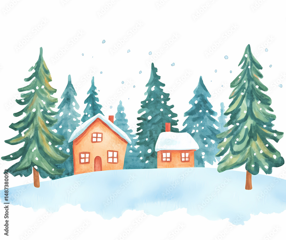 Naklejka premium Winter Wonderland Village Watercolor Painting