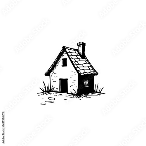 Simple black and white illustration of a small cozy house with a chimney