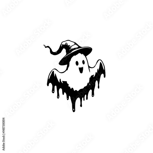 Whimsical spectral entity with wizard hat casting spooky charm on white backdrop