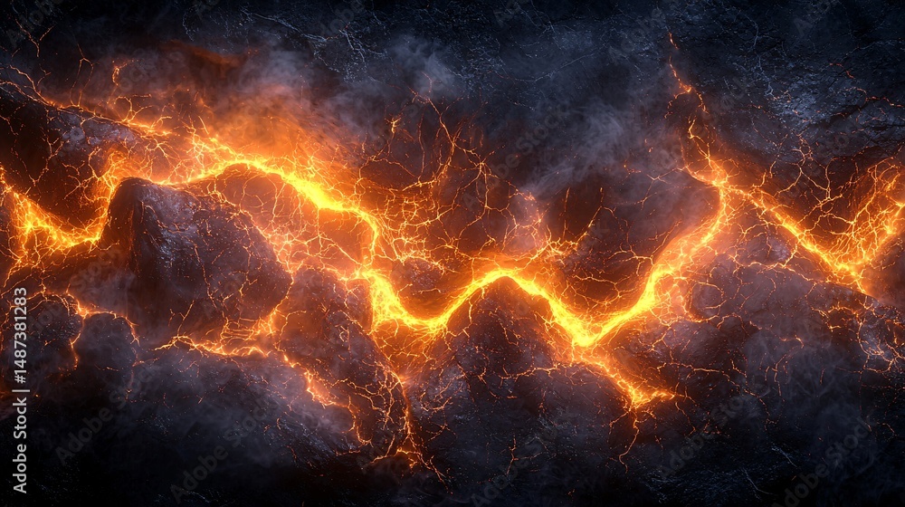 Fototapeta premium Orange lightning shuttles between the dark stone walls