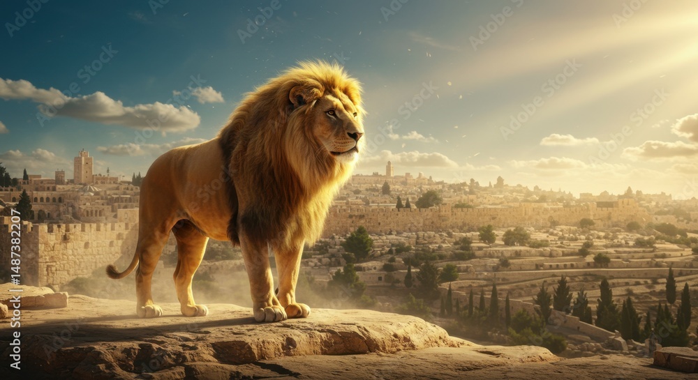 Naklejka premium Majestic Lion overlooking Jerusalem at Sunrise