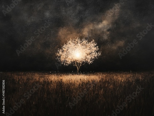 Illuminated tree stands solitary in a field at night.
