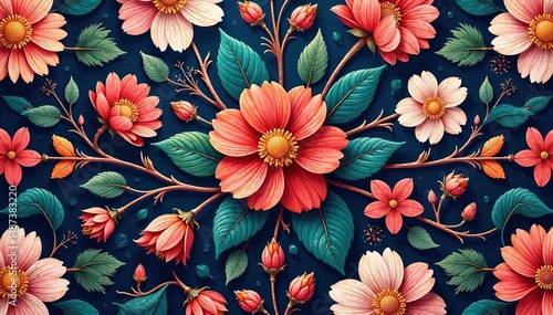 Intricate floral textile design, repeating motif , repeating, digital