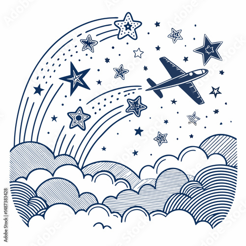 Create a bold, vector illustration of an abstract sky filled with defined, muscular abdominal muscles.  Use a striking color palette.