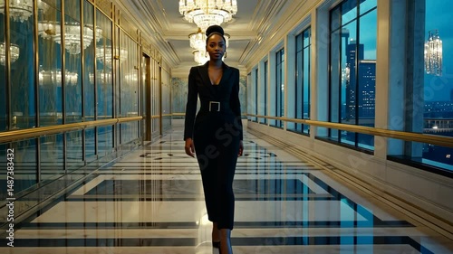 Portrait of rich black ethnic woman walking in hotel room corridor. motion video.