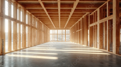 Wallpaper Mural Wooden framework for a modern building construction, bathed in sunlight, interior. It presents architectural concepts, new constructions, and sustainable building. Torontodigital.ca