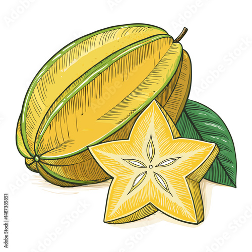 Create a bold vector illustration of a sliced starfruit, showcasing its unique internal structure with thick, defined outlines.