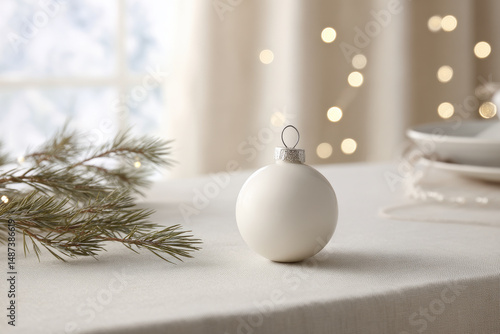 serene christmas scene featuring white ornament resting gracefully on lightcolored table