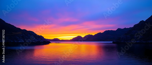 Colorful Sunset Over Mountains and River