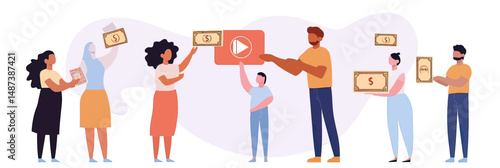 Diverse people donating money online using mobile devices and laptops with charity support icons in flat minimalist style vector illustration