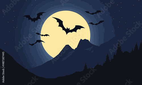 Full moon night sky with flying bats silhouetted over mountain ridge with forest in flat minimalist vector style illustration