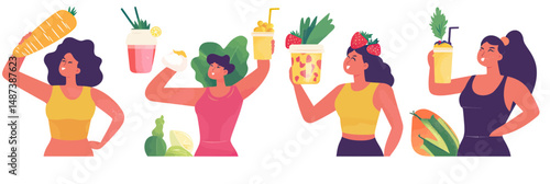 Women holding fresh vegetable smoothies and large vegetables including carrot, cabbage, corn, healthy eating and nutrition concept in flat minimalist style vector illustration