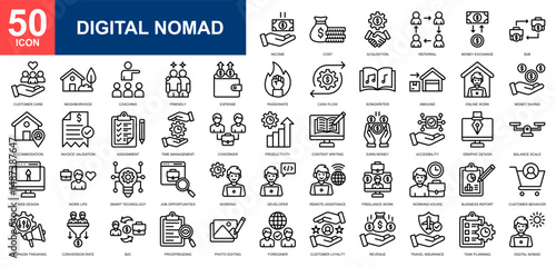Digital Nomad icon set collection. Online working, smart work, working at home, comfort zone, professions and jobs icon. Simple line vector.