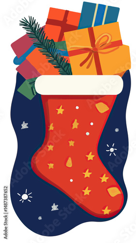 Christmas stocking filled with colorful wrapped gifts and pine branch holiday decoration flat vector illustration on dark background seasonal celebration present concept