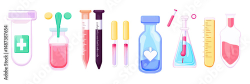 Laboratory medical test tubes and vials with blood urine samples chemical flasks pipettes and measuring cylinders flat vector illustration set