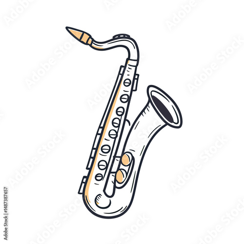 Hand drawn sketch style jazz saxophone illustration with detailed keys and mouthpiece isolated on white background musical instrument vector art