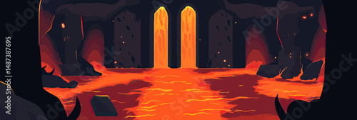 hell battle arena with flowing lava lava pools stylized dark rocky cavern with glowing orange volcanic magma flat minimalist vector background design