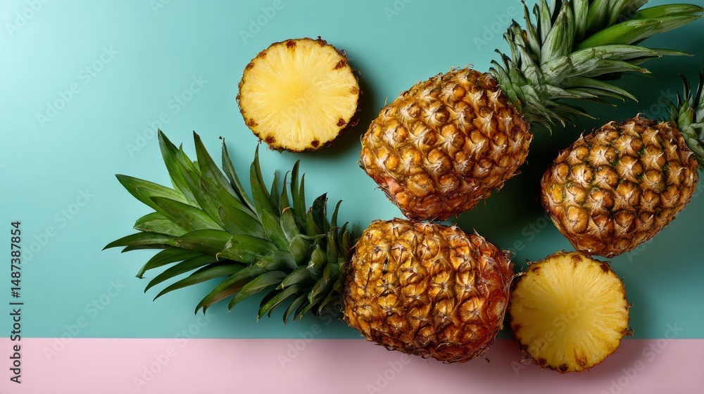 Fototapeta premium Bunch of pineapple slices on a table. One of the slices has been cut in half. Concept of freshness and abundance, as the pineapple slices are displayed in a visually appealing manner