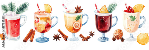 Colorful watercolor illustration of six festive winter hot drinks with spices and seasonal garnishes in glass mugs in flat minimalist vector style