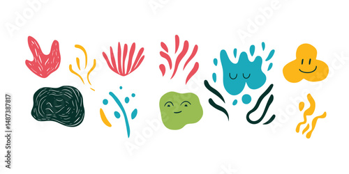 Colorful abstract organic shapes and playful cute faces vector illustration with fluid coral, blue, yellow, and green doodle elements on white background