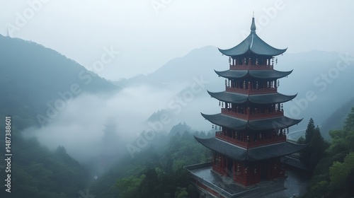 Wallpaper Mural A multi-tiered pagoda stands amid misty mountains with trees and cloudy sky. Torontodigital.ca