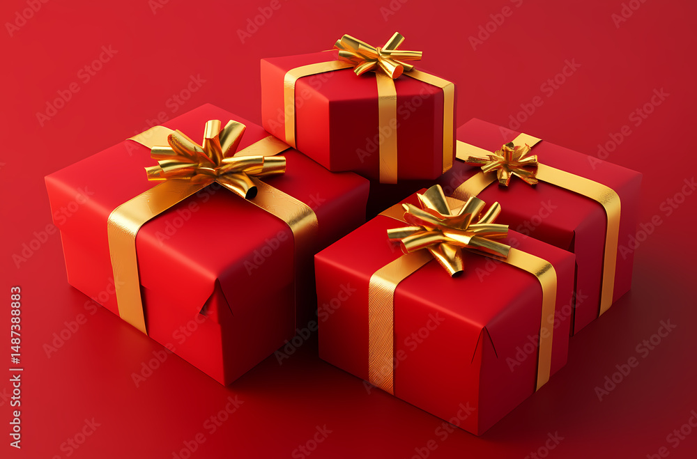Obraz premium Stacked Red Gift Boxes with Gold Ribbons