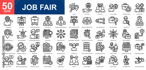 Job Fair icon set collection. Professions and jobs, job seeker, Job recruitment, hiring, events icon. Simple line vector.
