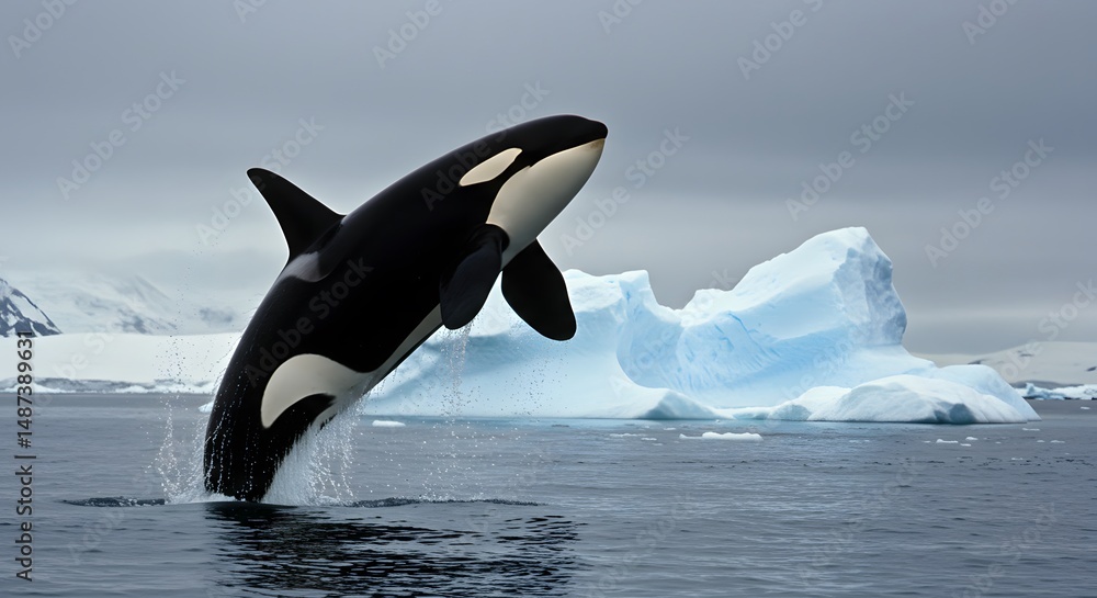 Fototapeta premium Majestic Orca Whale Leaps Gracefully in Antarctic Waters near Icebergs