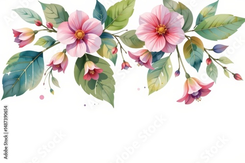 Wallpaper Mural create a watercolor clipart illustration of a delicate floral arrangement positioned at the top of the image, with a clean white background Torontodigital.ca