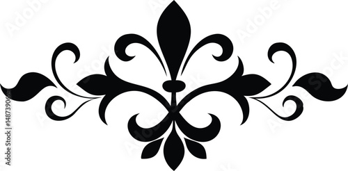 Ornate black floral filigree adornment features symmetrical swirls and fleur de lis elements on white