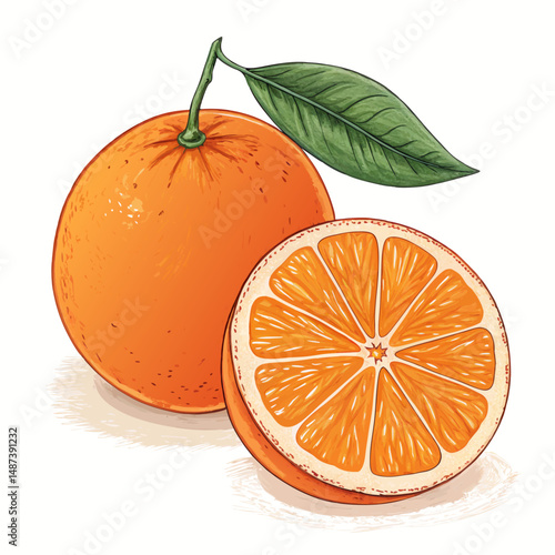 Create a bold vector illustration of a whole and a half orange, featuring thick black outlines and vibrant orange fills.  High resolution, clean lines.