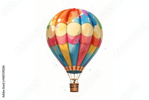 create a watercolor clipart illustration of a whimsical hot air balloon at the bottom of the image, against a white background, leave ample copy space at the top for text or graphics.