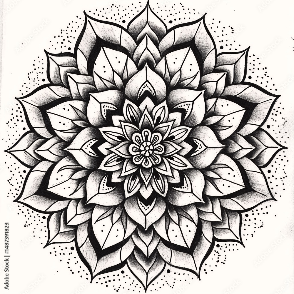 Fototapeta premium A striking black and white mandala illustration, composed of intricate patterns and shapes, radiating from the center to create a sense of balance and harmony.