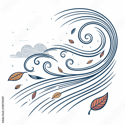 Create a bold vector illustration of a windy sky, emphasizing strong air currents and movement.  Use thick, impactful strokes.