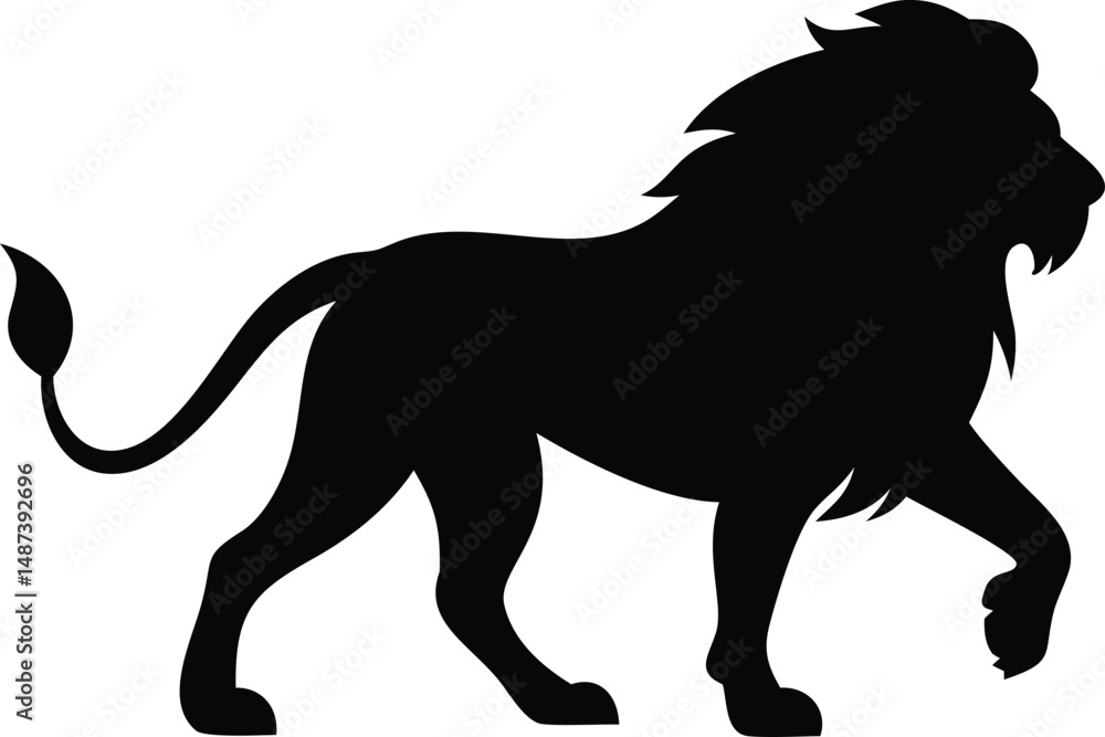 Obraz premium Regal lion silhouette strides confidently across the plain white background, portraying strength