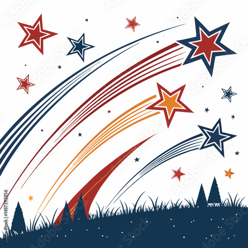 Create a vector illustration of bold, falling stars with trailing effects; utilize a vibrant color palette and strong outlines.