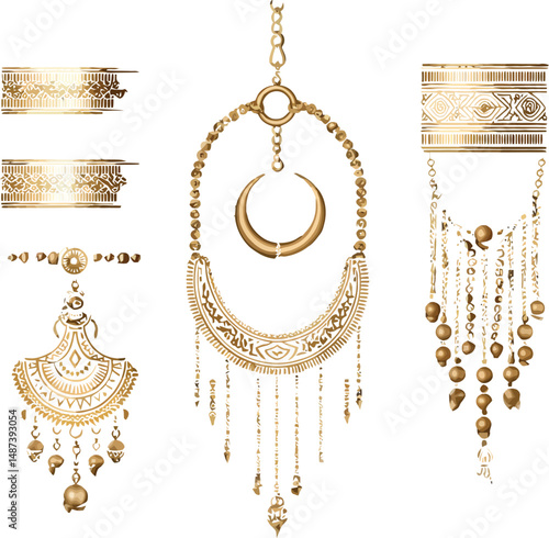 Black and Gold Vector Illustration Featuring Four Elegant Jewelry Pieces: Ornate Bracelets with Engraved Patterns, Crescent Moon Pendant Necklace, and Dangling Earrings with Intricate Designs