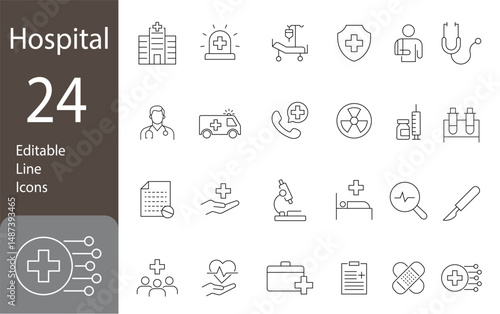 Hospital Editable Line Icons Set. doctor, ambulance, treatment, medicine related icons, and more. Vector illustration