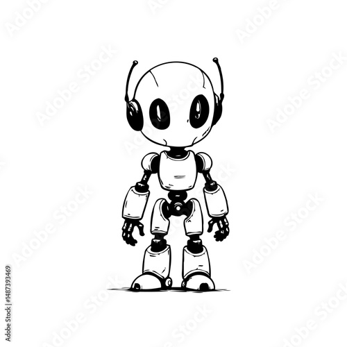 Whimsical robot illustration with retro aesthetic showcasing futuristic themes